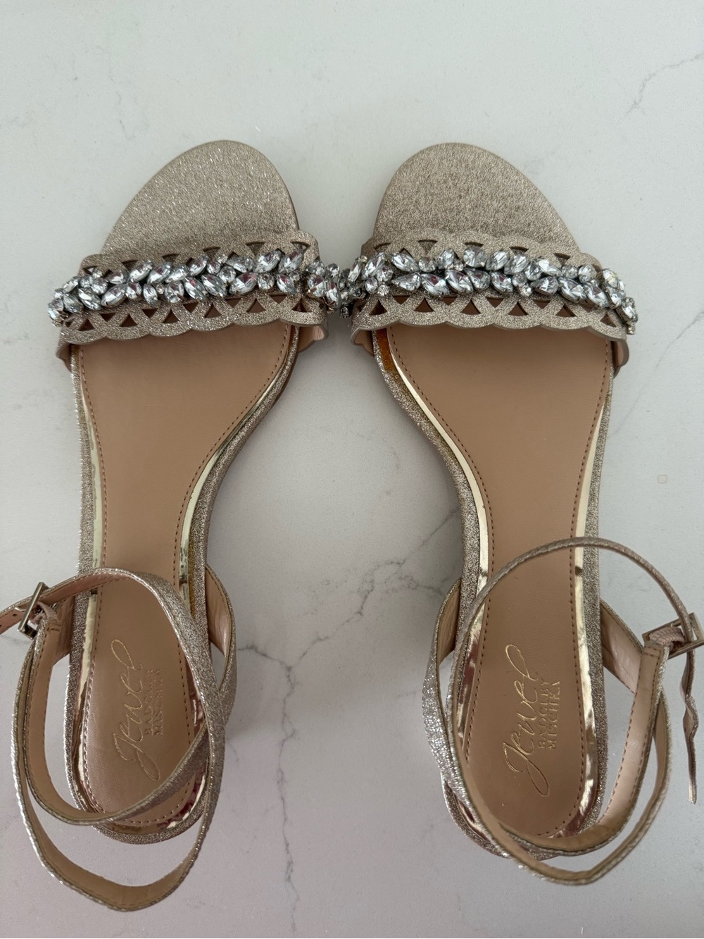 Jewel Badgley Mischka Gold Beaded Open-Toe Sandals